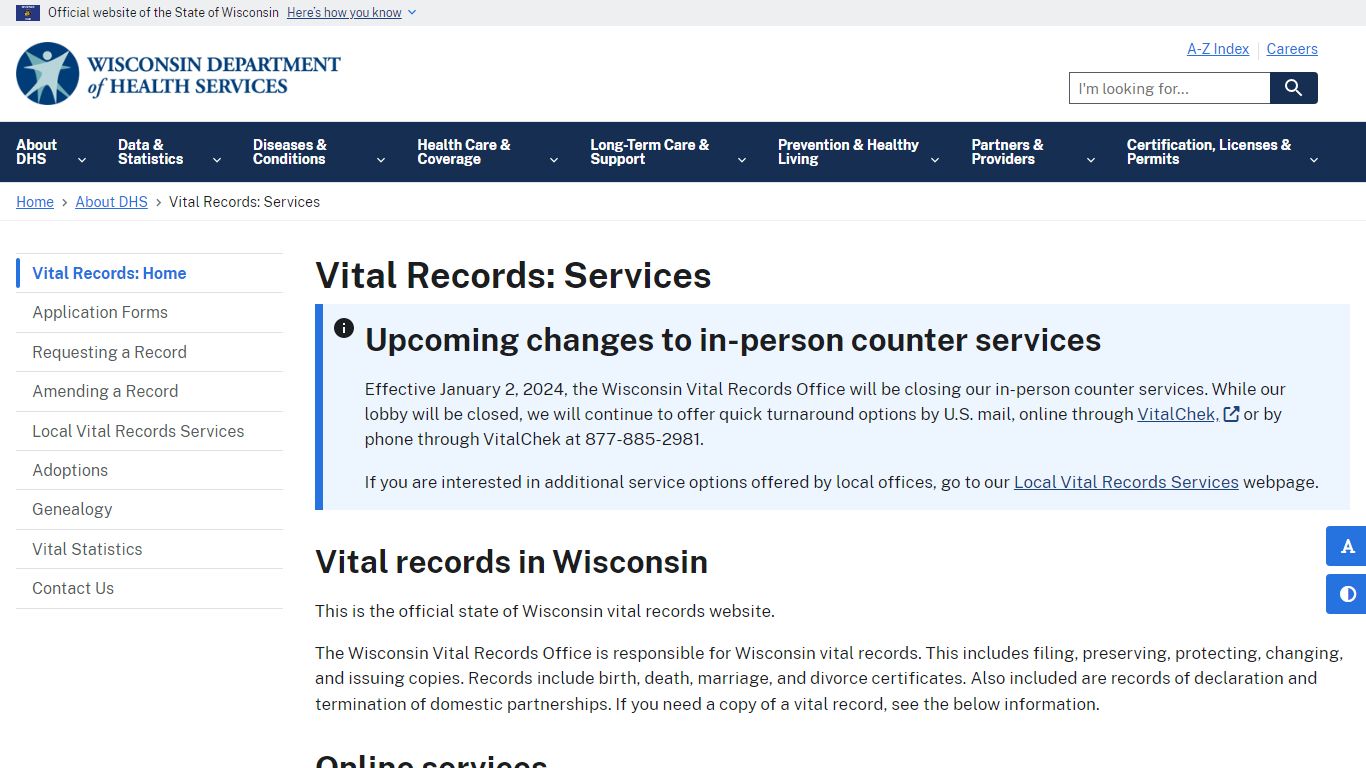 Vital Records: Services | Wisconsin Department of Health Services